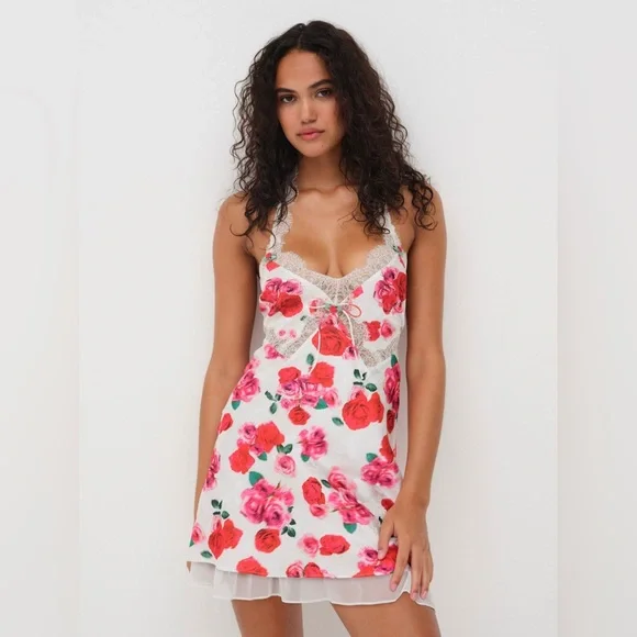 FOR LOVE & LEMONS *NWT* Floral Carol Slip Mini Dress Size XS in Red, White, Pink - Picture 1 of 9